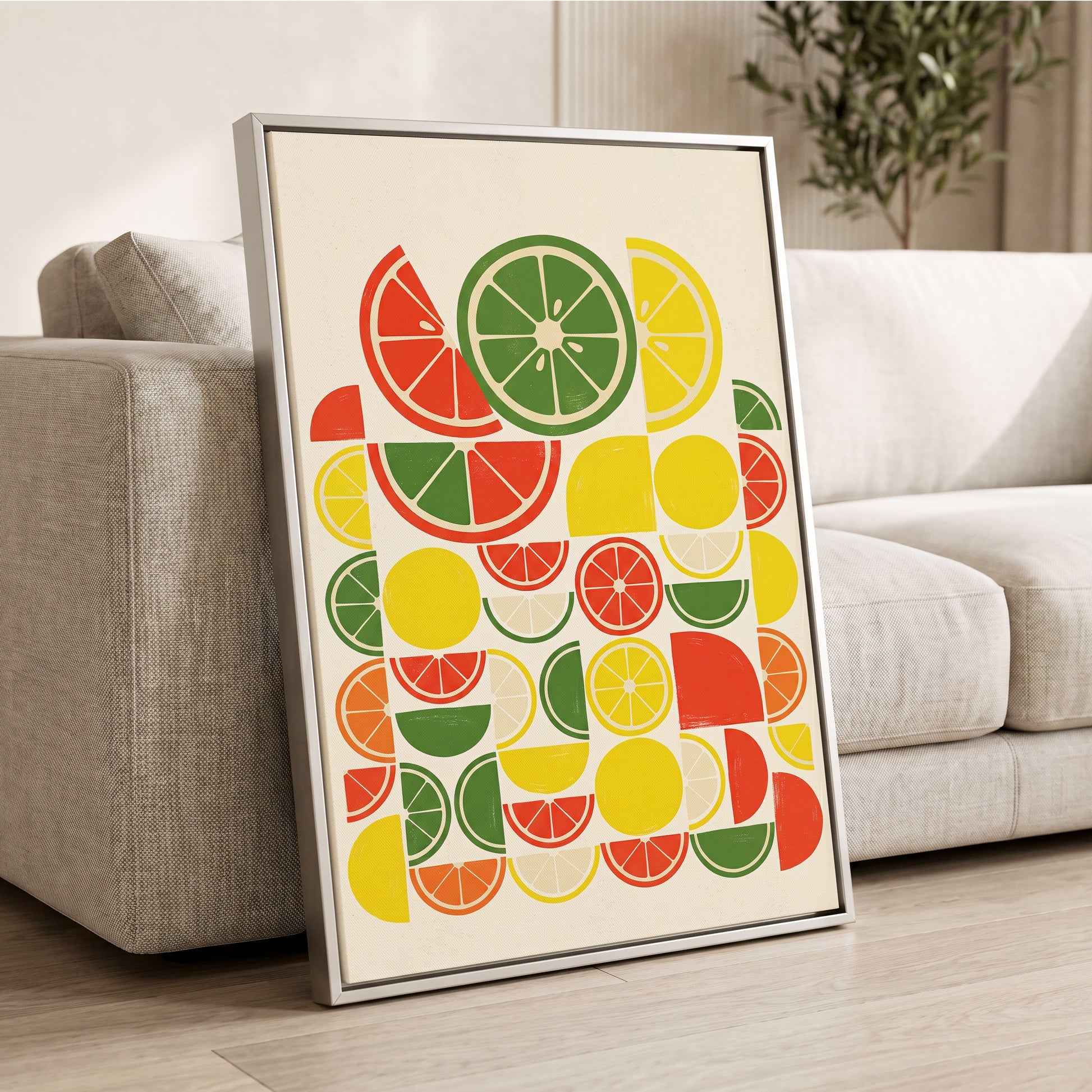 Citrus Rhythm, yellow, red, green nature wall art displayed in a styled interior, gallery view 2