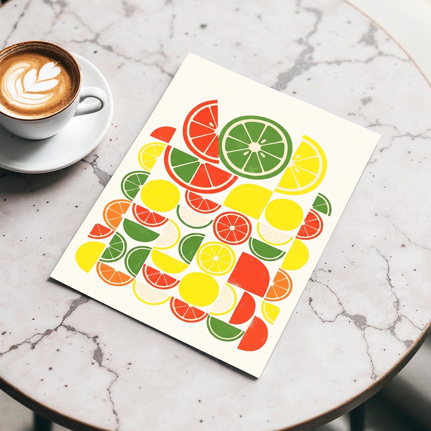 Citrus Rhythm, yellow, red, green nature wall art displayed in a styled interior, gallery view 3