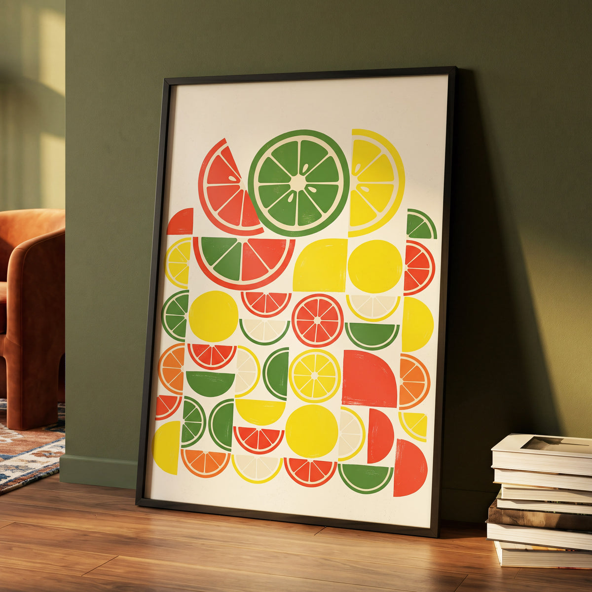 Citrus Rhythm, yellow, red, green nature wall art displayed in a styled interior, gallery view 4