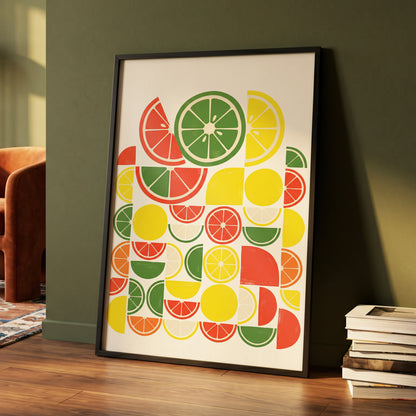 Citrus Rhythm, yellow, red, green nature wall art displayed in a styled interior, gallery view 4