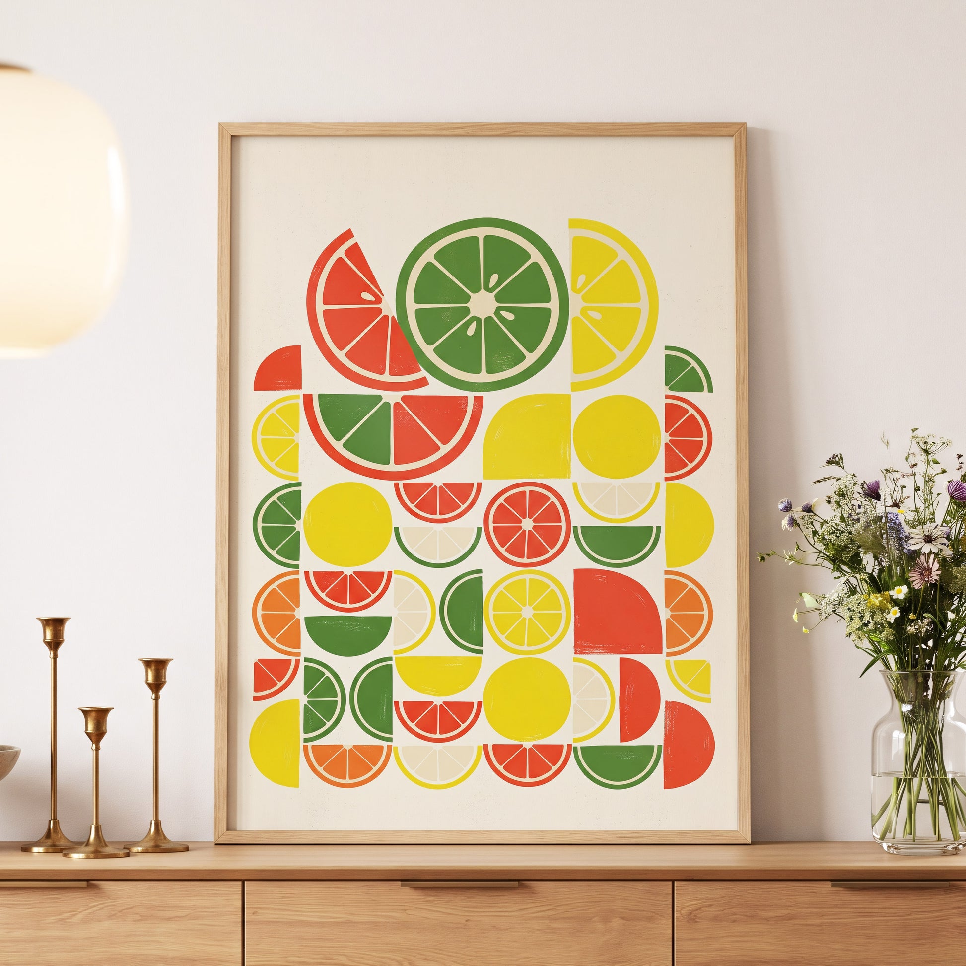 Citrus Rhythm, yellow, red, green nature wall art displayed in a styled interior, gallery view 5