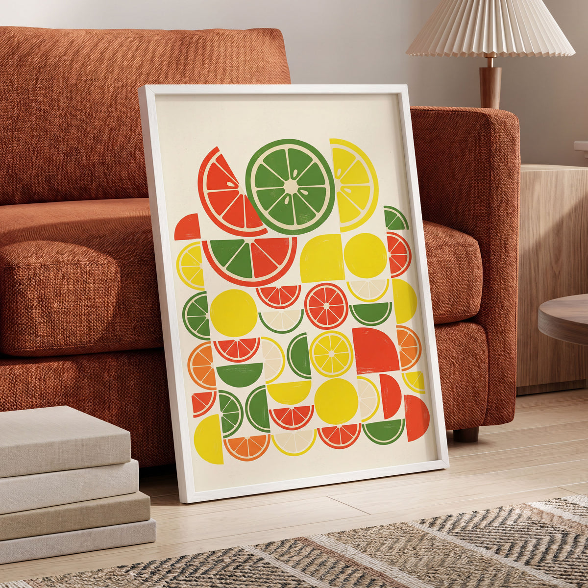 Citrus Rhythm, yellow, red, green nature wall art displayed in a styled interior, gallery view 6