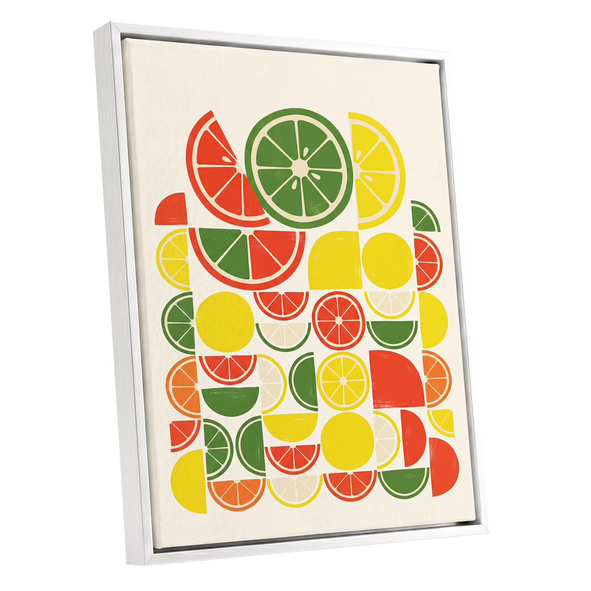 Citrus Rhythm, yellow, red, green nature wall art shown as a white framed canvas wall art