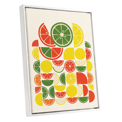 Citrus Rhythm, yellow, red, green nature wall art shown as a white framed canvas wall art