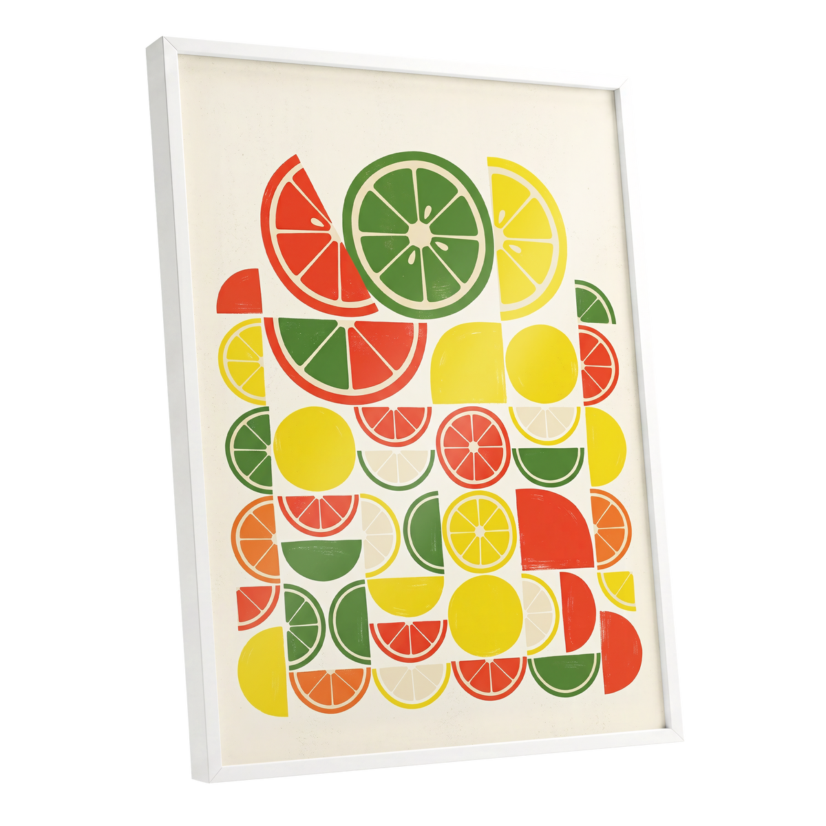 Citrus Rhythm, yellow, red, green nature wall art shown as a white framed poster wall art print