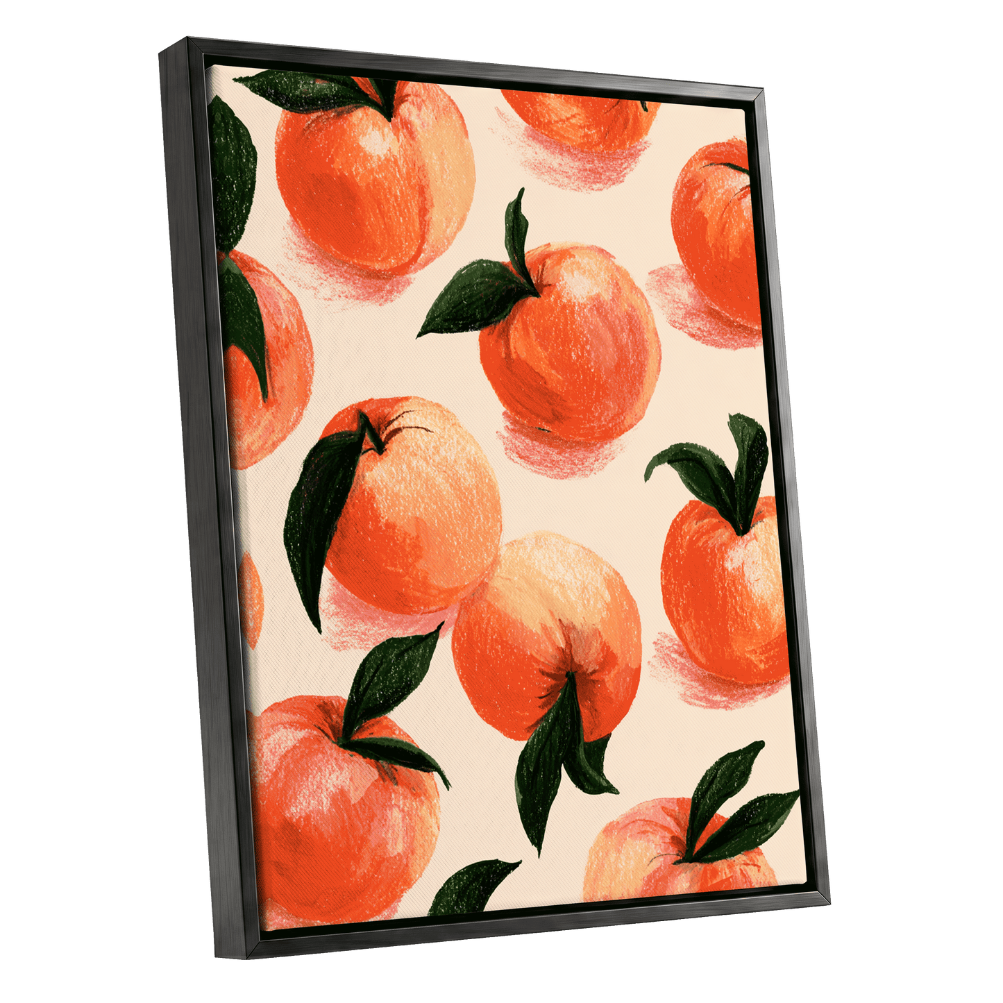 Citrus Scatter, orange, green, beige nature wall art shown as a black framed canvas wall art