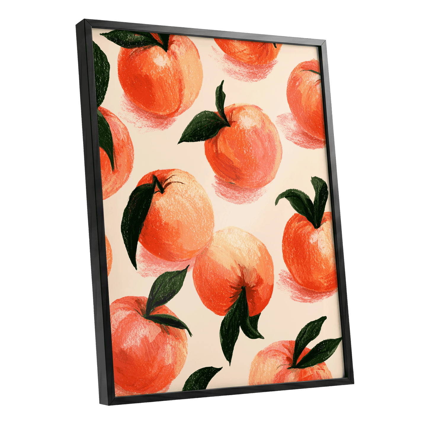 Citrus Scatter, orange, green, beige nature wall art shown as a black framed poster wall art print