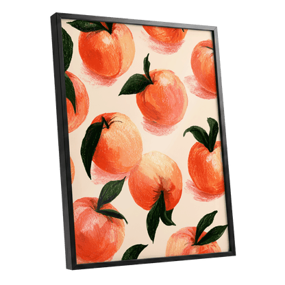Citrus Scatter, orange, green, beige nature wall art shown as a black framed poster wall art print