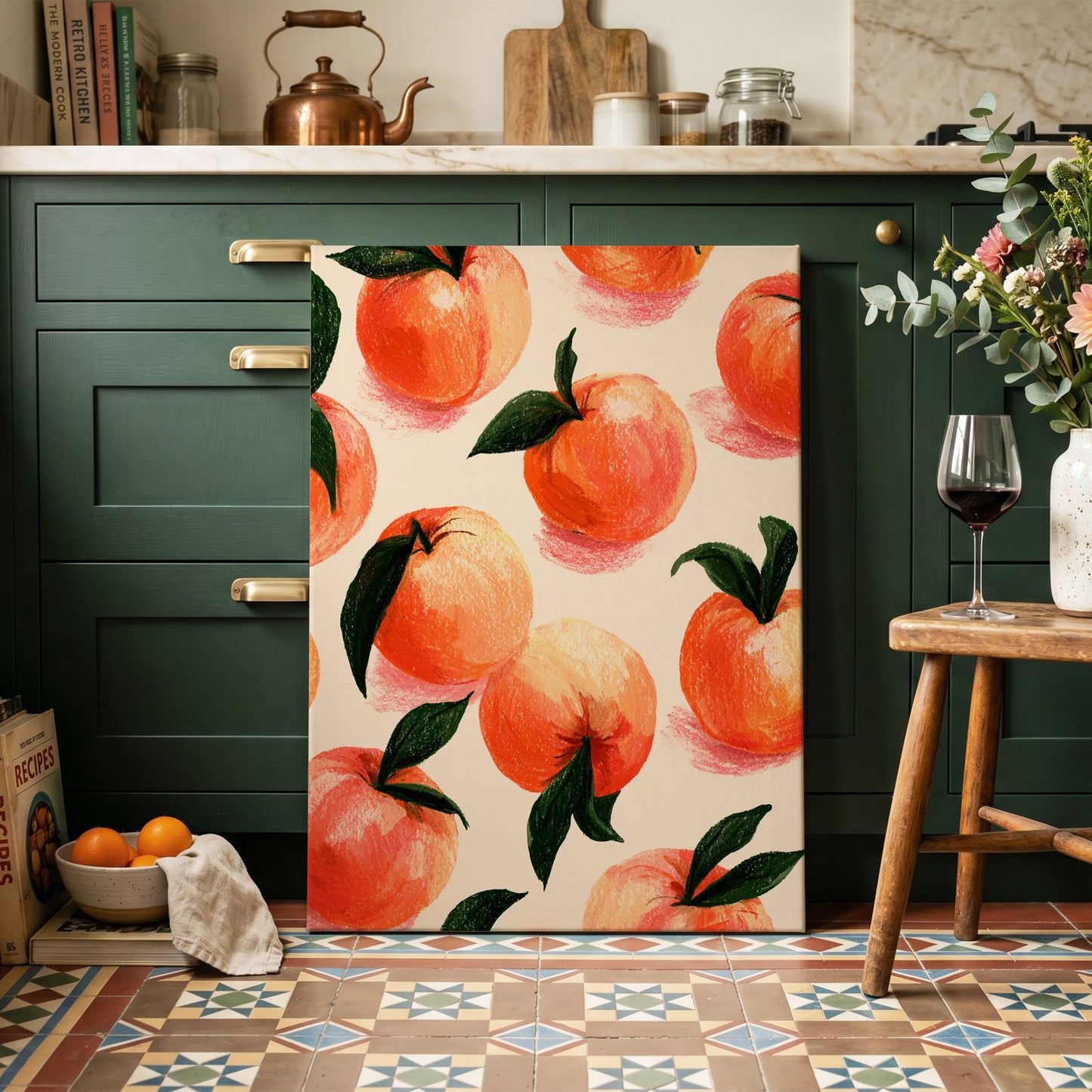 Citrus Scatter, orange, green, beige nature wall art on canvas displayed in a styled interior, gallery view 1