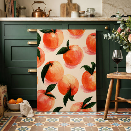 Citrus Scatter, orange, green, beige nature wall art on canvas displayed in a styled interior, gallery view 1