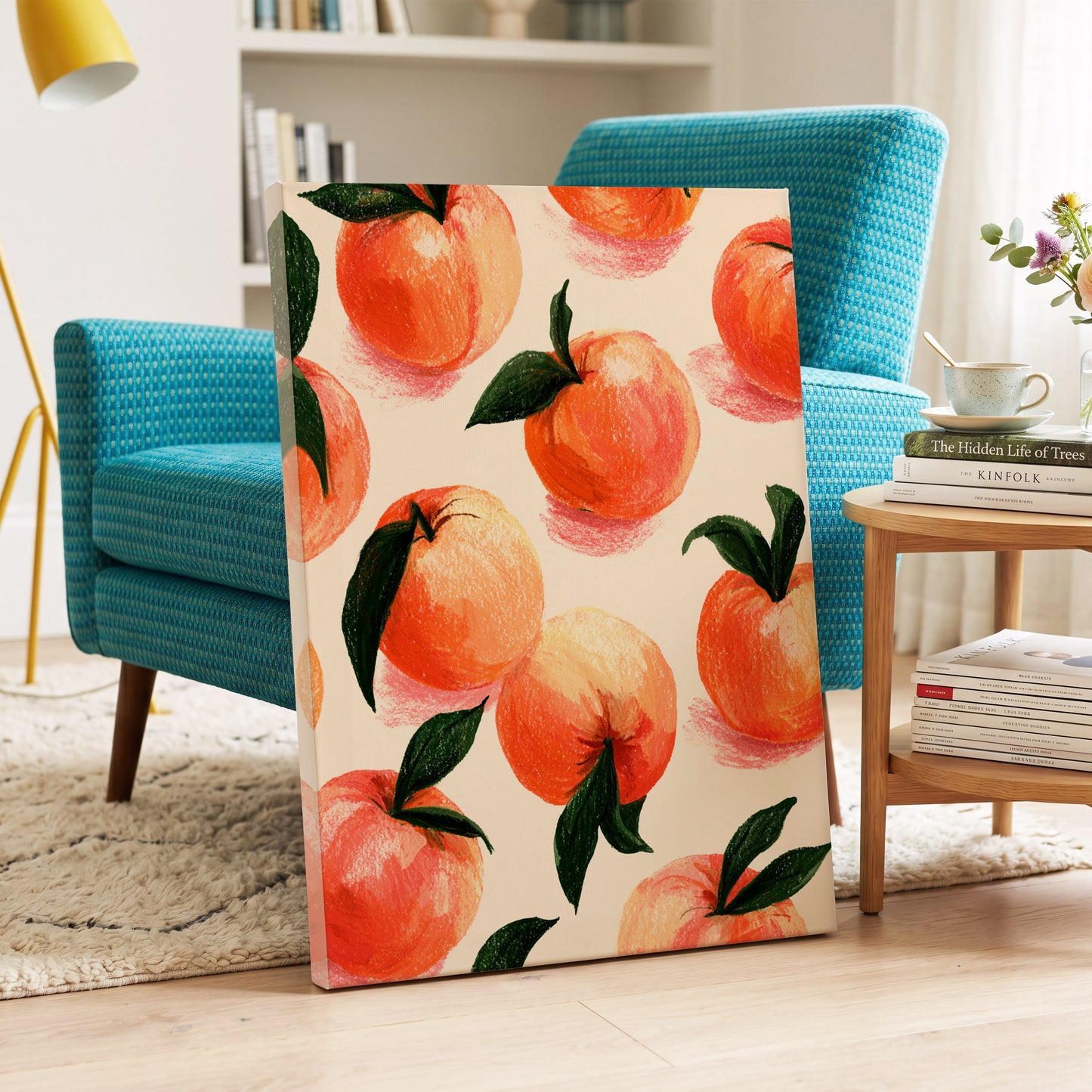 Citrus Scatter, orange, green, beige nature wall art on canvas displayed in a styled interior, gallery view 2