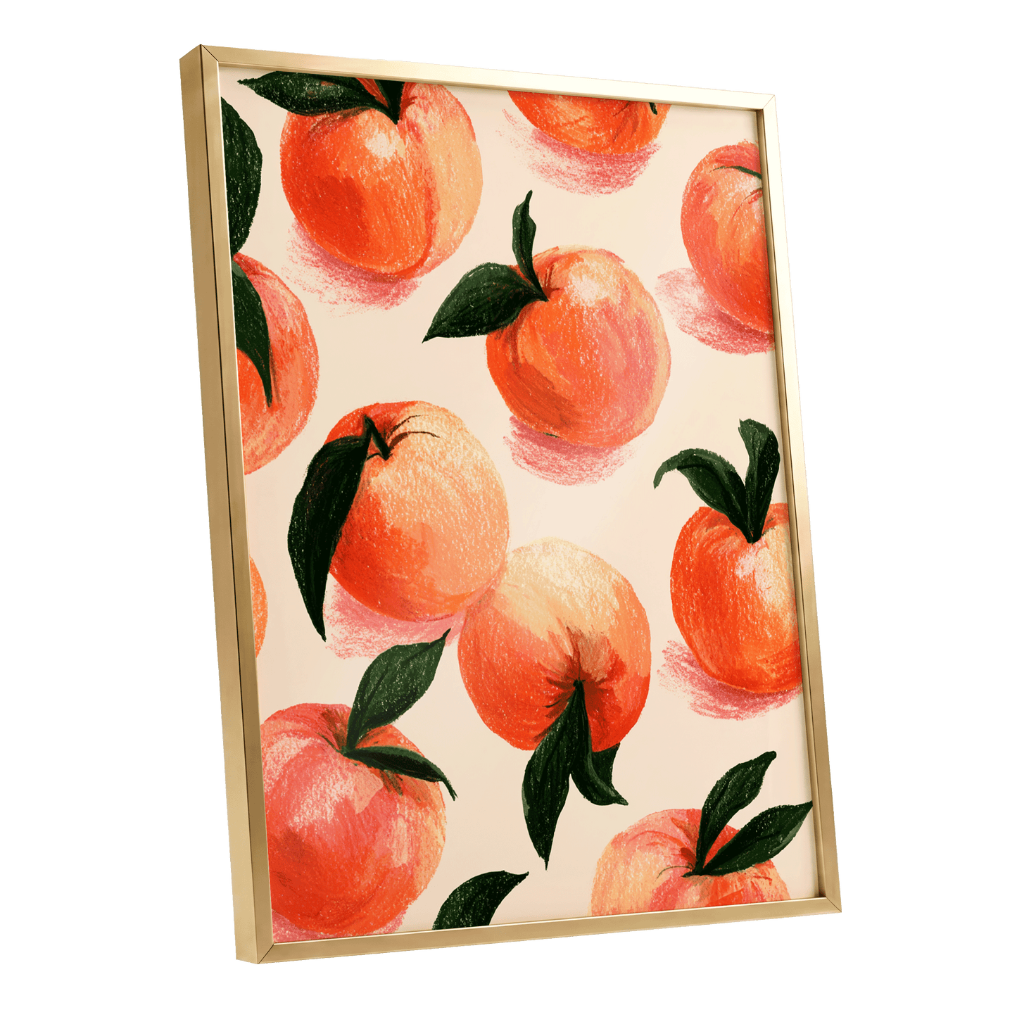 Citrus Scatter, orange, green, beige nature wall art shown as a gold framed poster wall art print