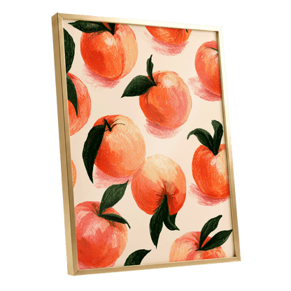 Citrus Scatter, orange, green, beige nature wall art shown as a gold framed poster wall art print