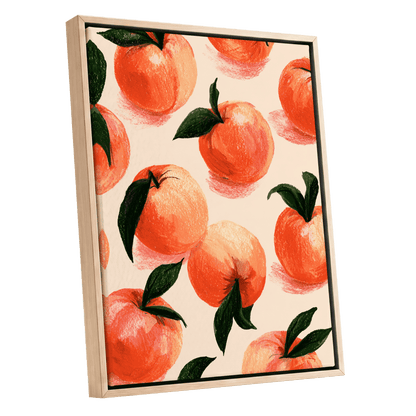 Citrus Scatter, orange, green, beige nature wall art shown as a oak framed canvas wall art