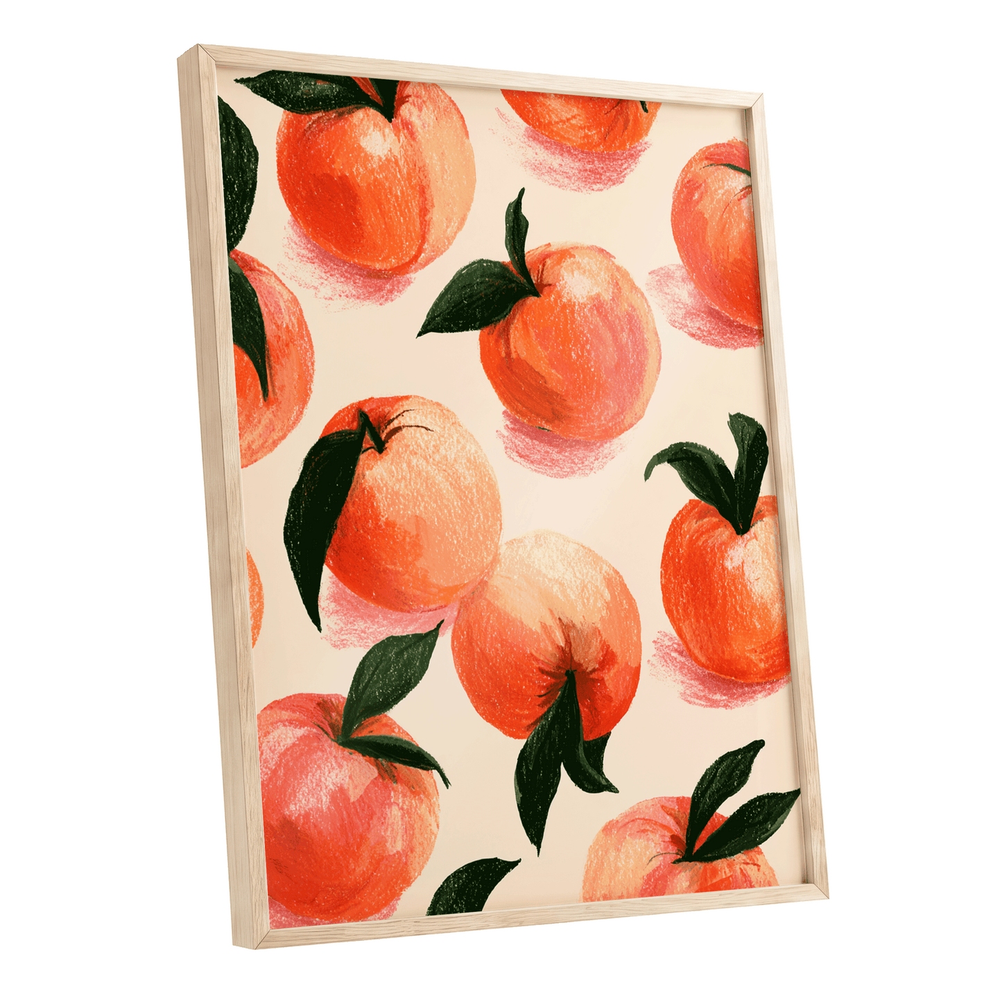 Citrus Scatter, orange, green, beige nature wall art shown as a oak framed poster wall art print