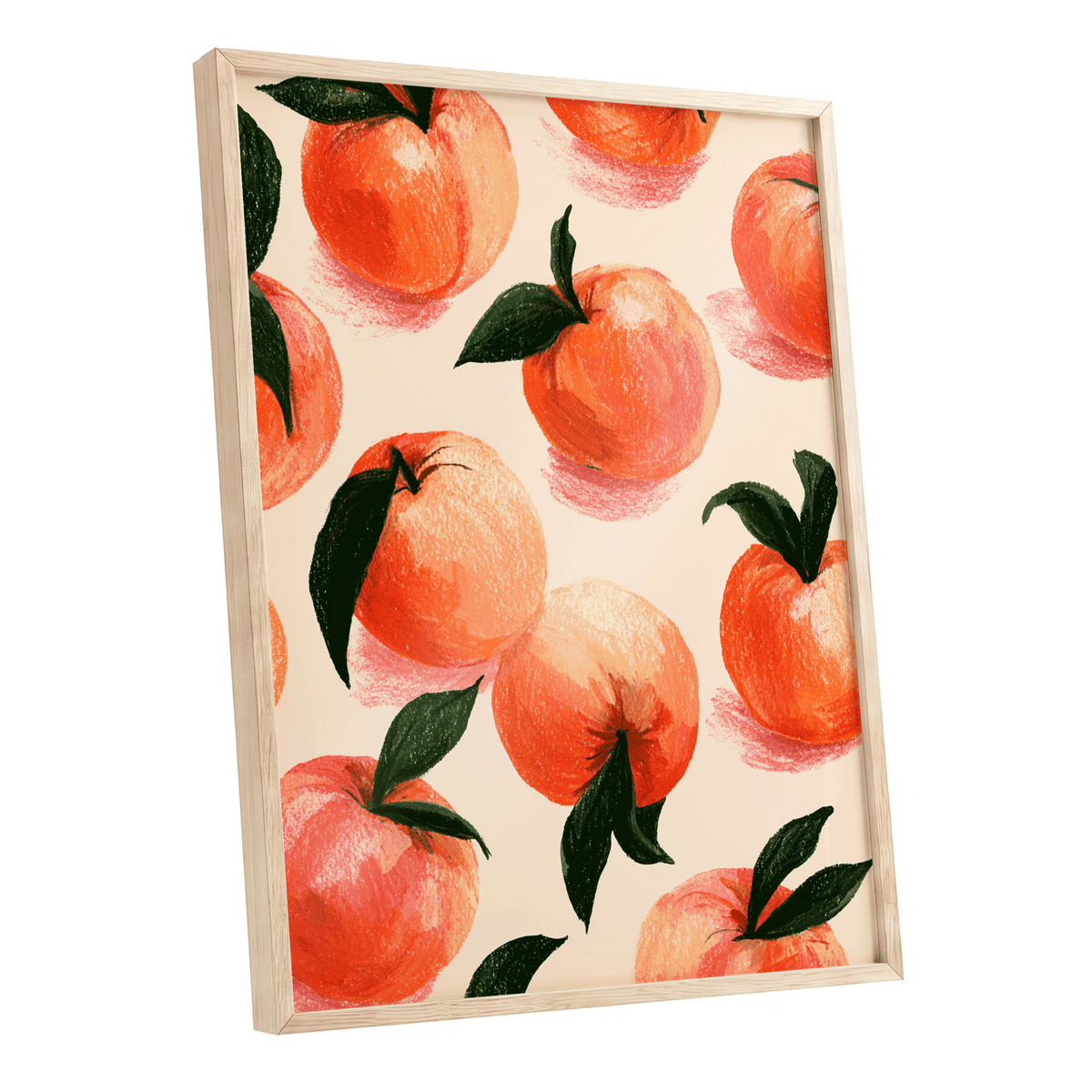 Citrus Scatter, orange, green, beige nature wall art shown as a oak framed poster wall art print