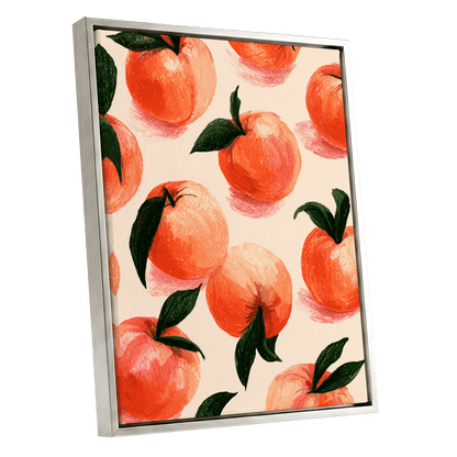 Citrus Scatter, orange, green, beige nature wall art shown as a silver framed canvas wall art
