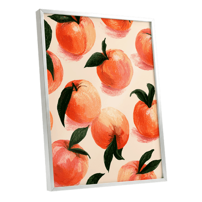 Citrus Scatter, orange, green, beige nature wall art shown as a silver framed poster wall art print