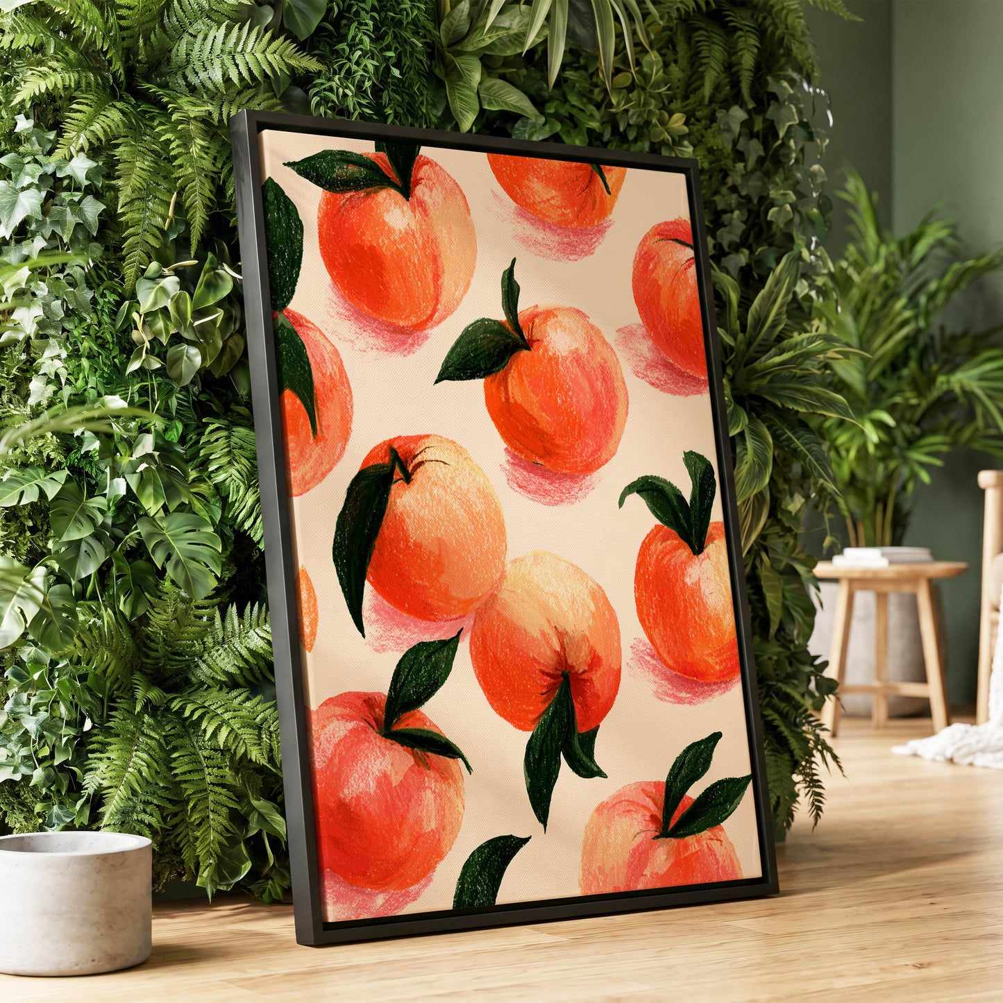 Citrus Scatter, orange, green, beige nature wall art displayed in a styled interior, gallery view 1