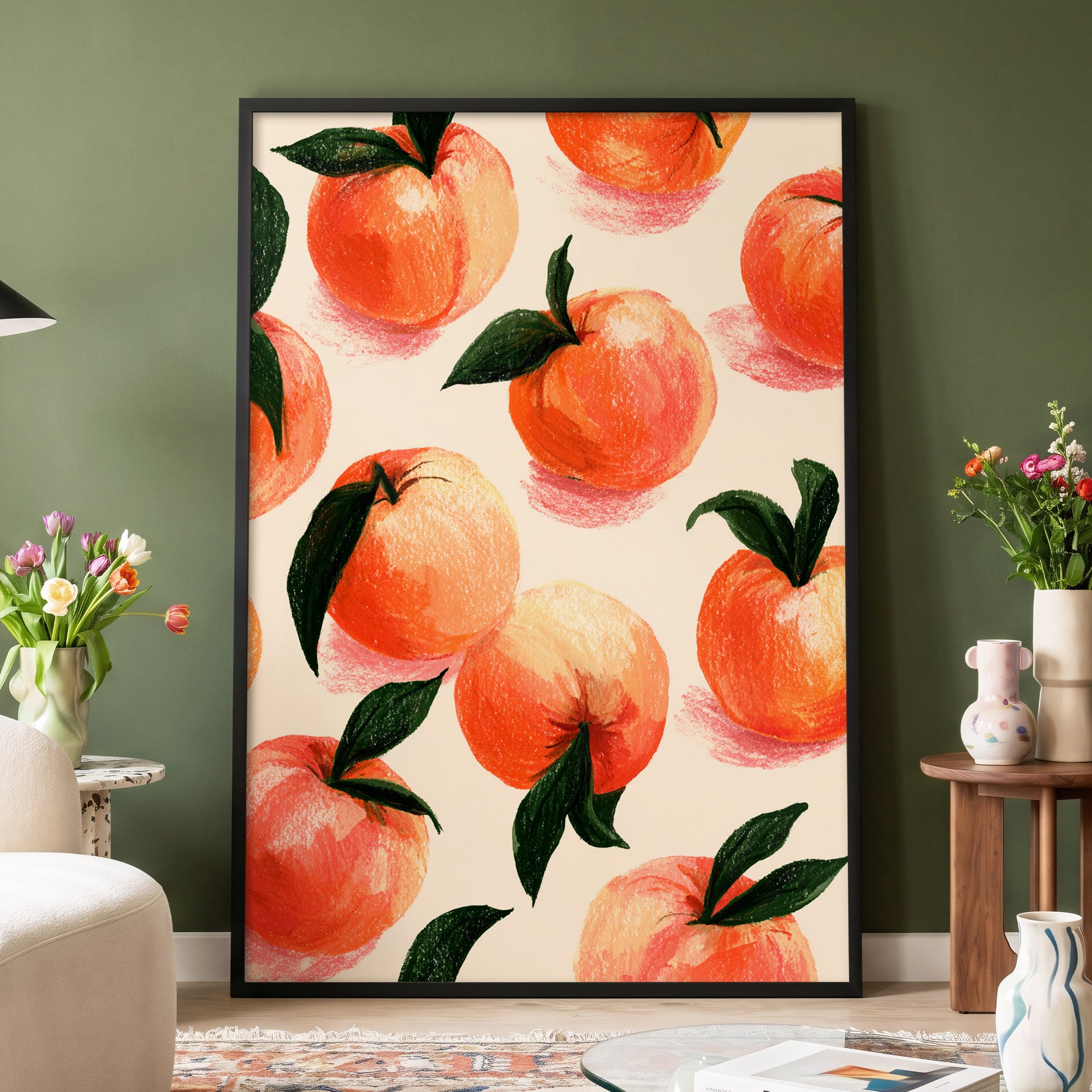 Citrus Scatter, orange, green, beige nature wall art displayed in a styled interior, gallery view 4