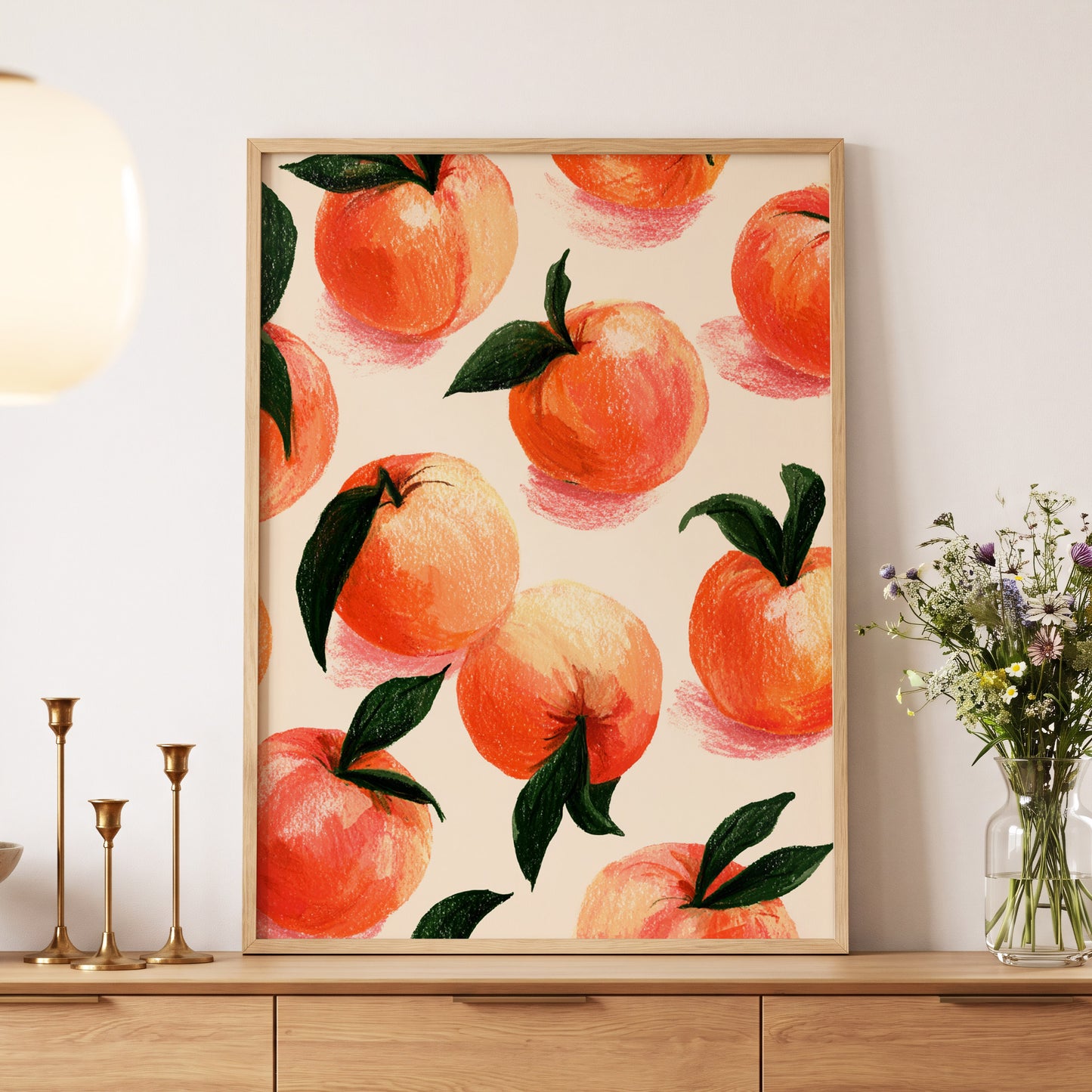 Citrus Scatter, orange, green, beige nature wall art displayed in a styled interior, gallery view 5
