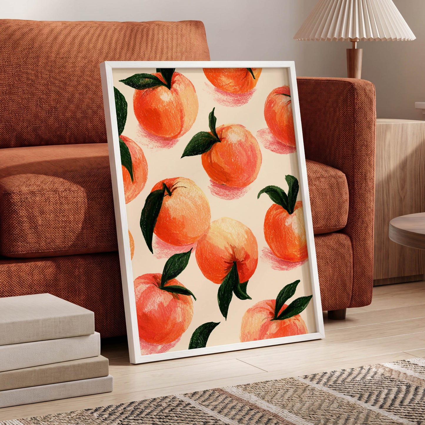 Citrus Scatter, orange, green, beige nature wall art displayed in a styled interior, gallery view 6