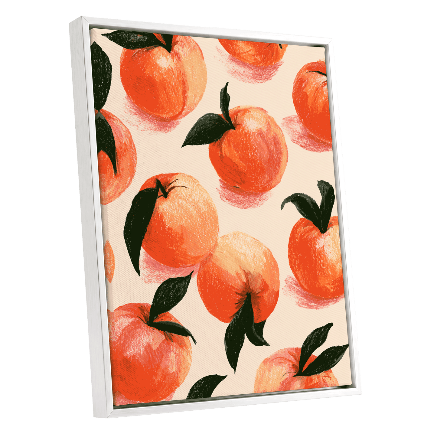 Citrus Scatter, orange, green, beige nature wall art shown as a white framed canvas wall art