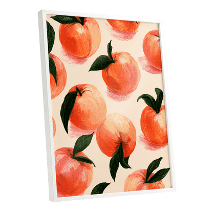 Citrus Scatter, orange, green, beige nature wall art shown as a white framed poster wall art print