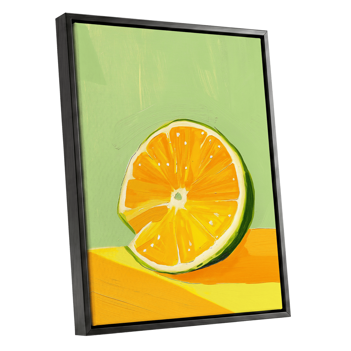 Citrus Sun, green, orange, yellow nature wall art shown as a black framed canvas wall art