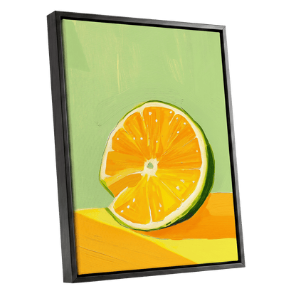 Citrus Sun, green, orange, yellow nature wall art shown as a black framed canvas wall art