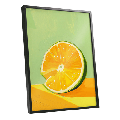 Citrus Sun, green, orange, yellow nature wall art shown as a black framed poster wall art print