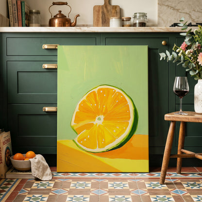 Citrus Sun, green, orange, yellow nature wall art on canvas displayed in a styled interior, gallery view 1
