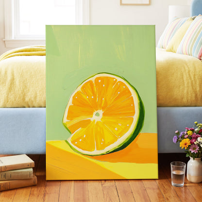 Citrus Sun, green, orange, yellow nature wall art on canvas displayed in a styled interior, gallery view 2