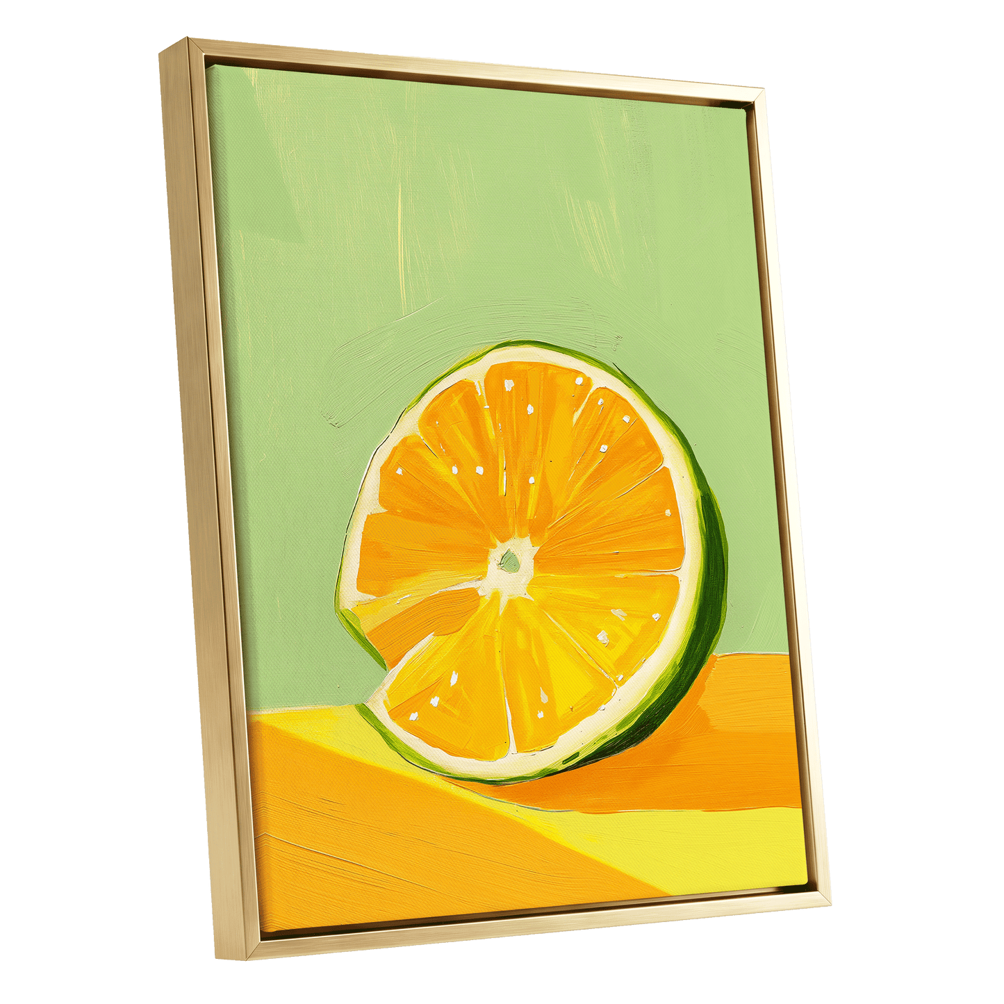 Citrus Sun, green, orange, yellow nature wall art shown as a gold framed canvas wall art