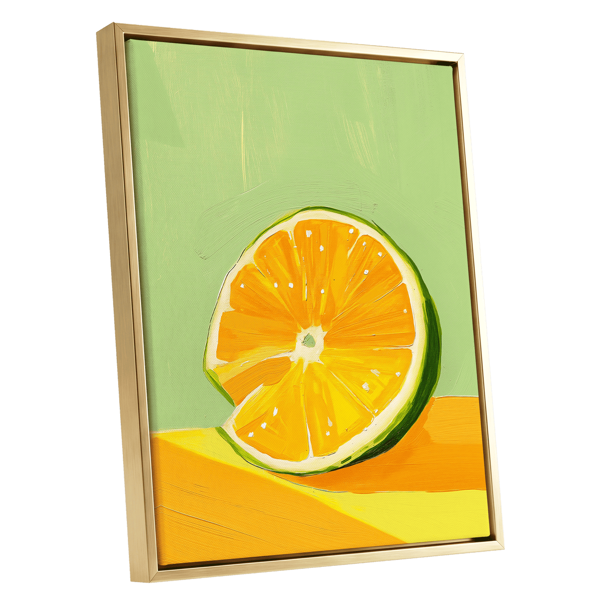 Citrus Sun, green, orange, yellow nature wall art shown as a gold framed canvas wall art