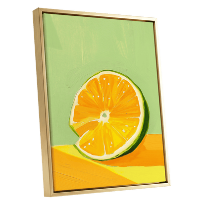 Citrus Sun, green, orange, yellow nature wall art shown as a gold framed canvas wall art