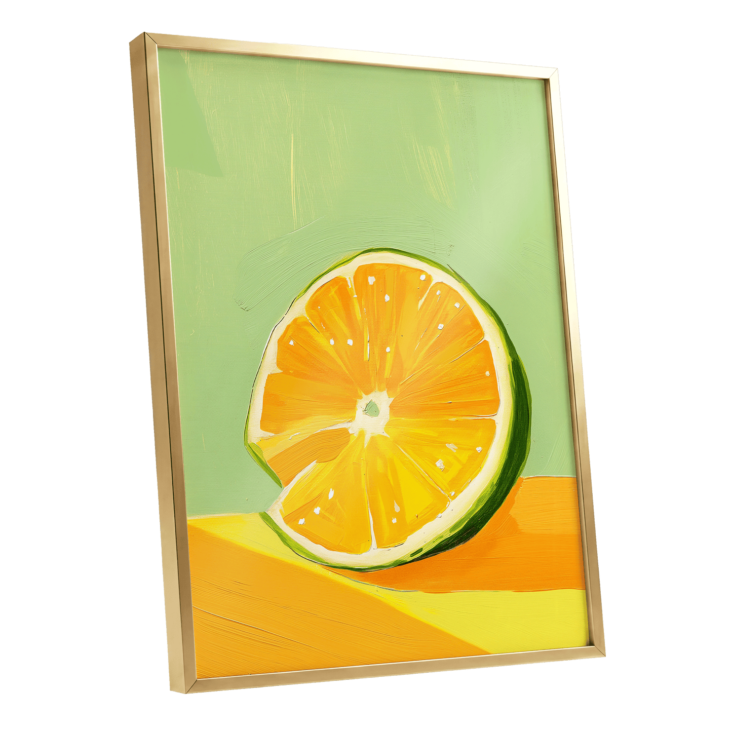 Citrus Sun, green, orange, yellow nature wall art shown as a gold framed poster wall art print