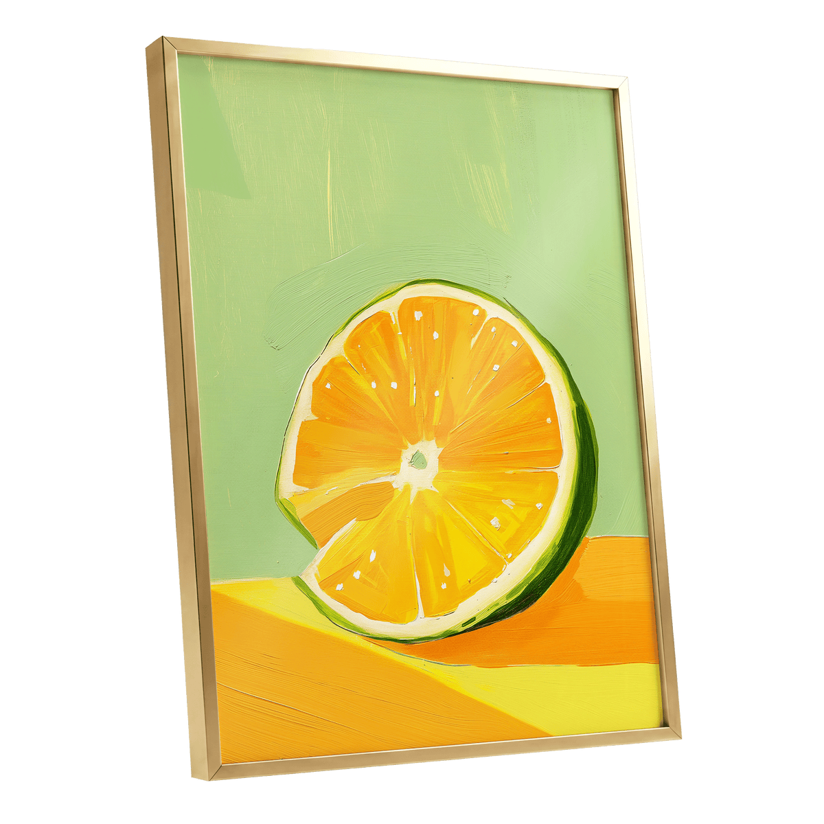 Citrus Sun, green, orange, yellow nature wall art shown as a gold framed poster wall art print
