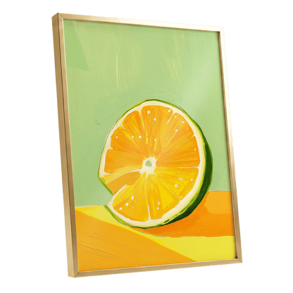 Citrus Sun, green, orange, yellow nature wall art shown as a gold framed poster wall art print