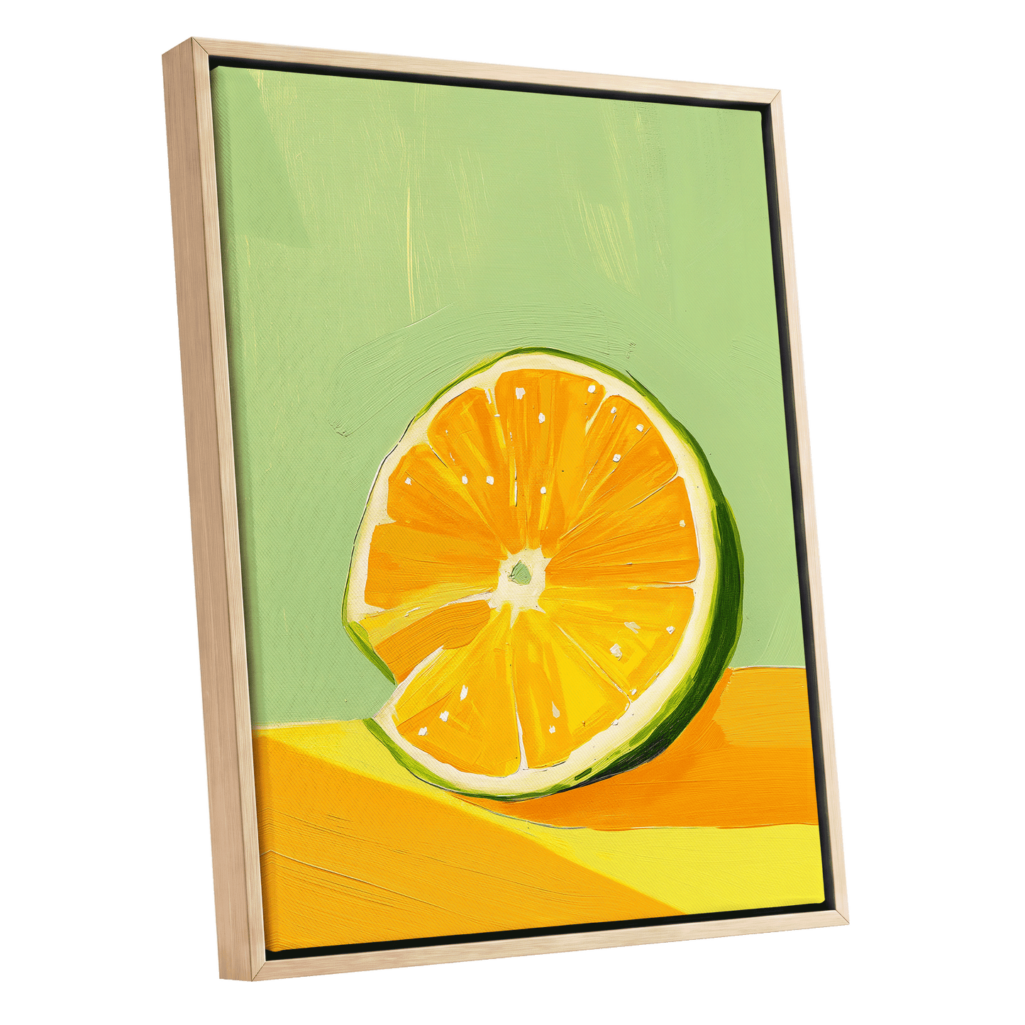 Citrus Sun, green, orange, yellow nature wall art shown as a oak framed canvas wall art