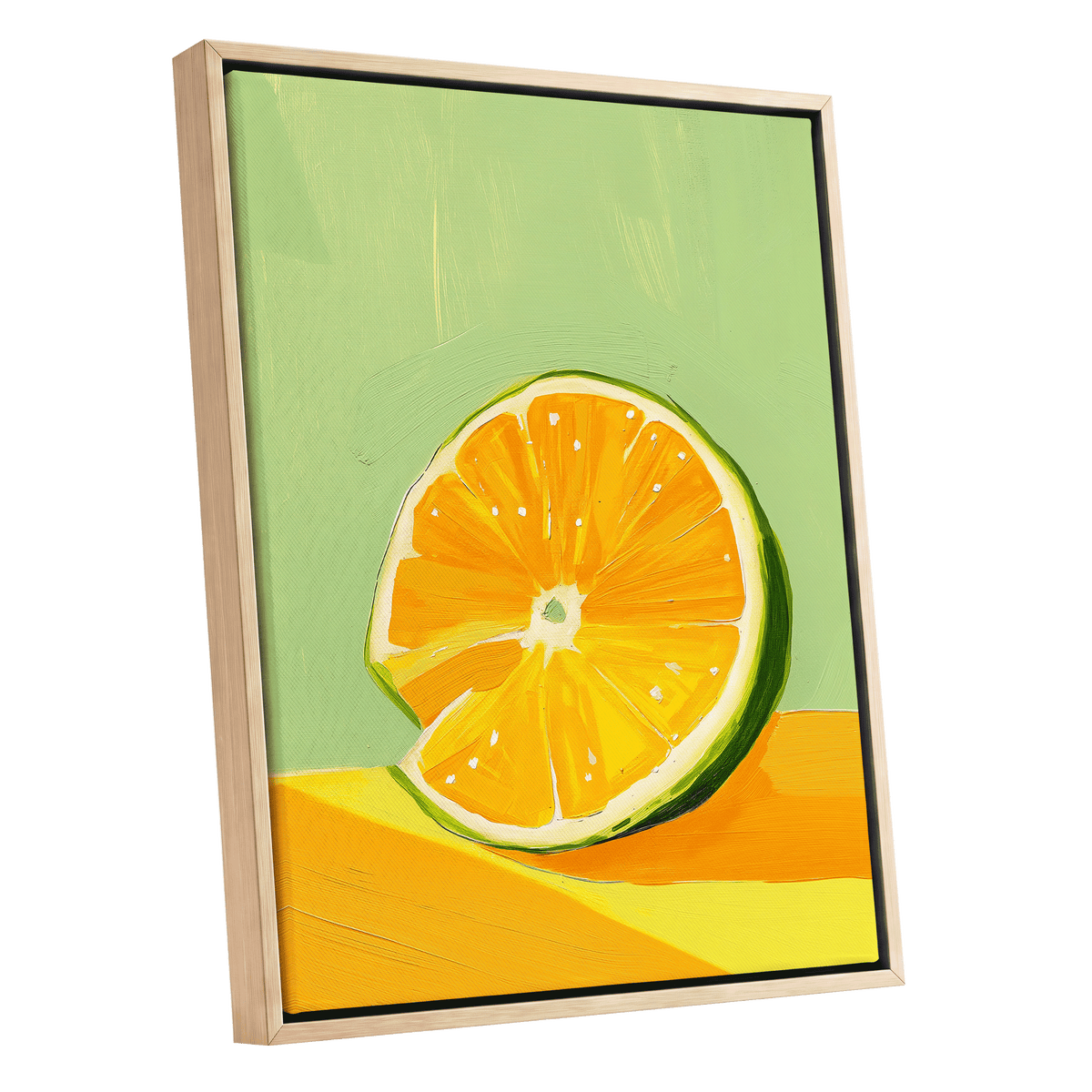 Citrus Sun, green, orange, yellow nature wall art shown as a oak framed canvas wall art