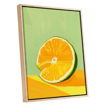 Citrus Sun, green, orange, yellow nature wall art shown as a oak framed canvas wall art
