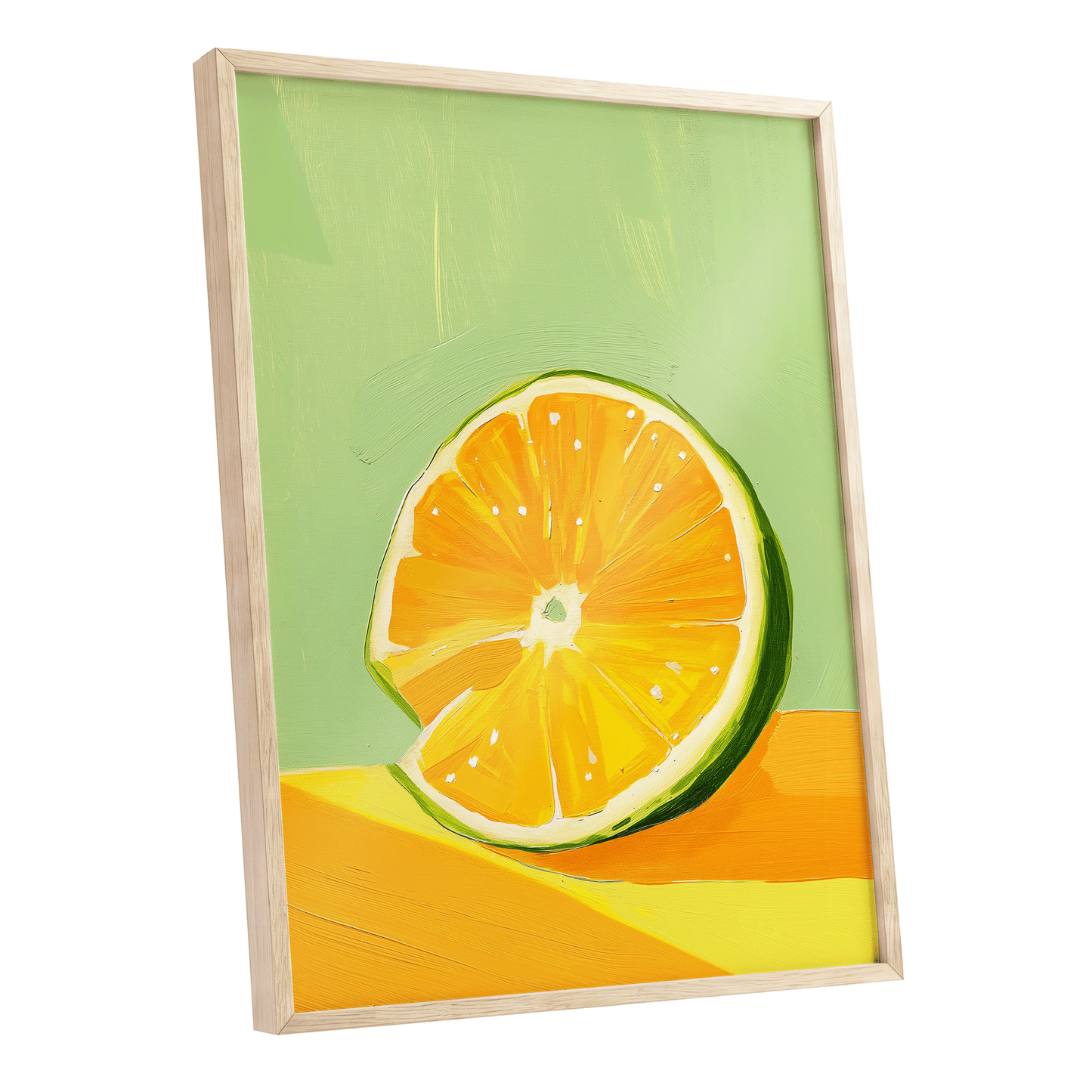 Citrus Sun, green, orange, yellow nature wall art shown as a oak framed poster wall art print