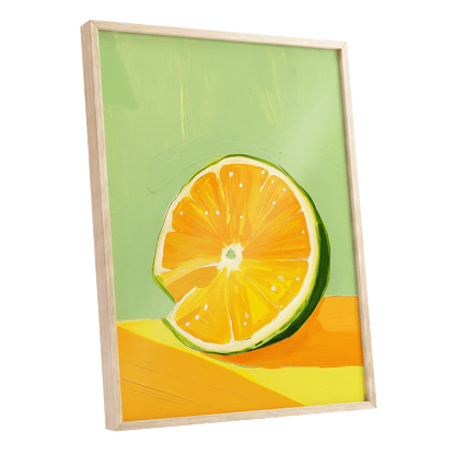 Citrus Sun, green, orange, yellow nature wall art shown as a oak framed poster wall art print