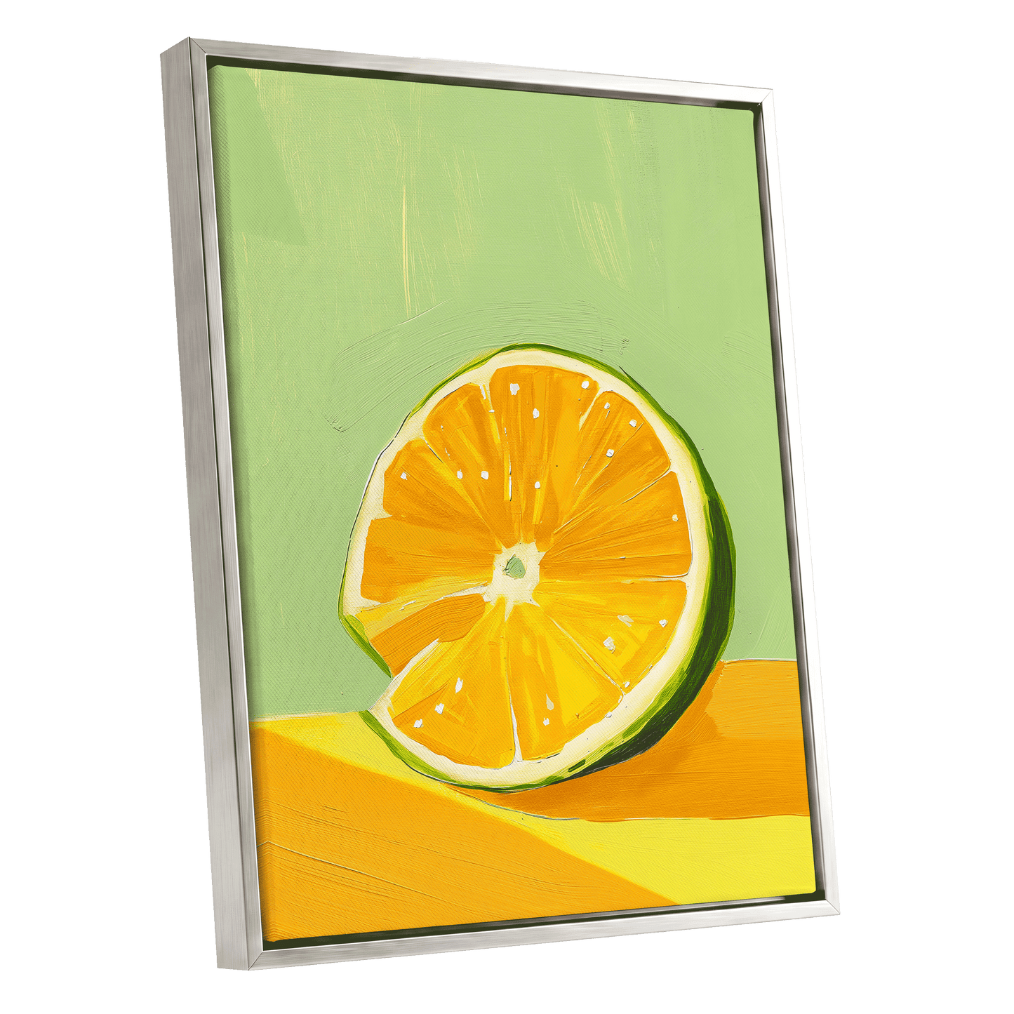 Citrus Sun, green, orange, yellow nature wall art shown as a silver framed canvas wall art