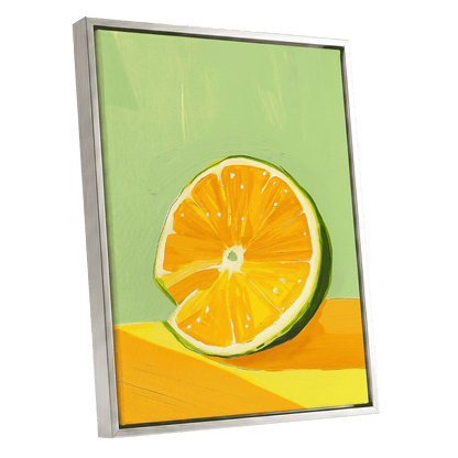 Citrus Sun, green, orange, yellow nature wall art shown as a silver framed canvas wall art