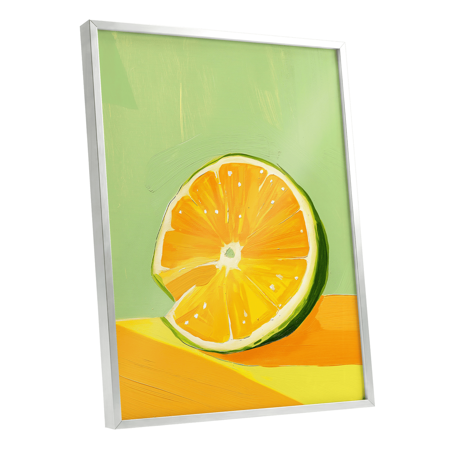 Citrus Sun, green, orange, yellow nature wall art shown as a silver framed poster wall art print