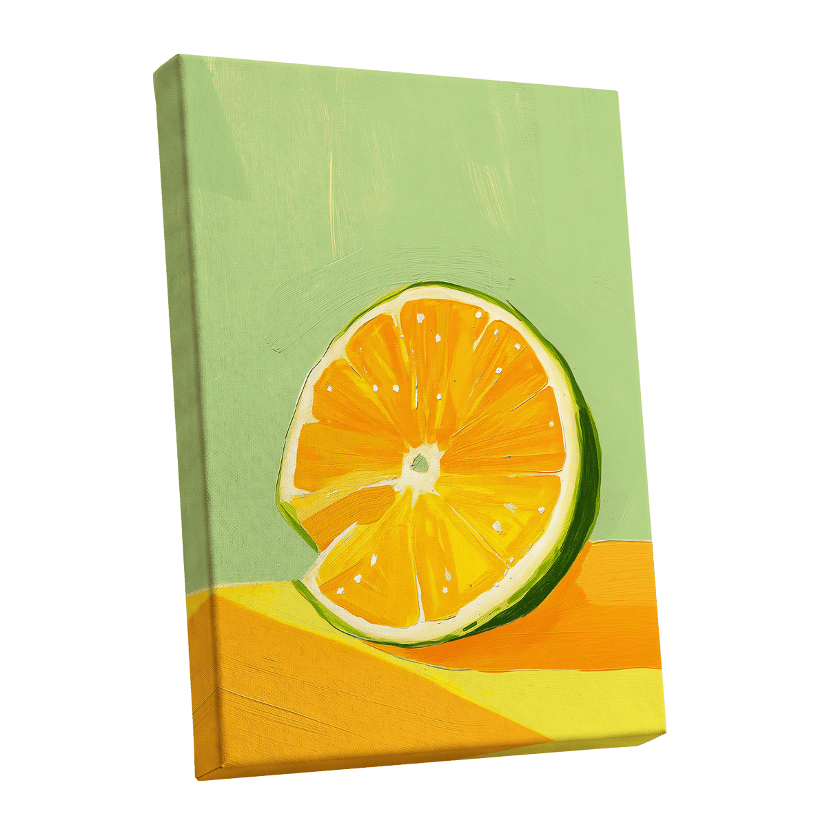 Citrus Sun, green, orange, yellow nature wall art shown as a stretched canvas wall art