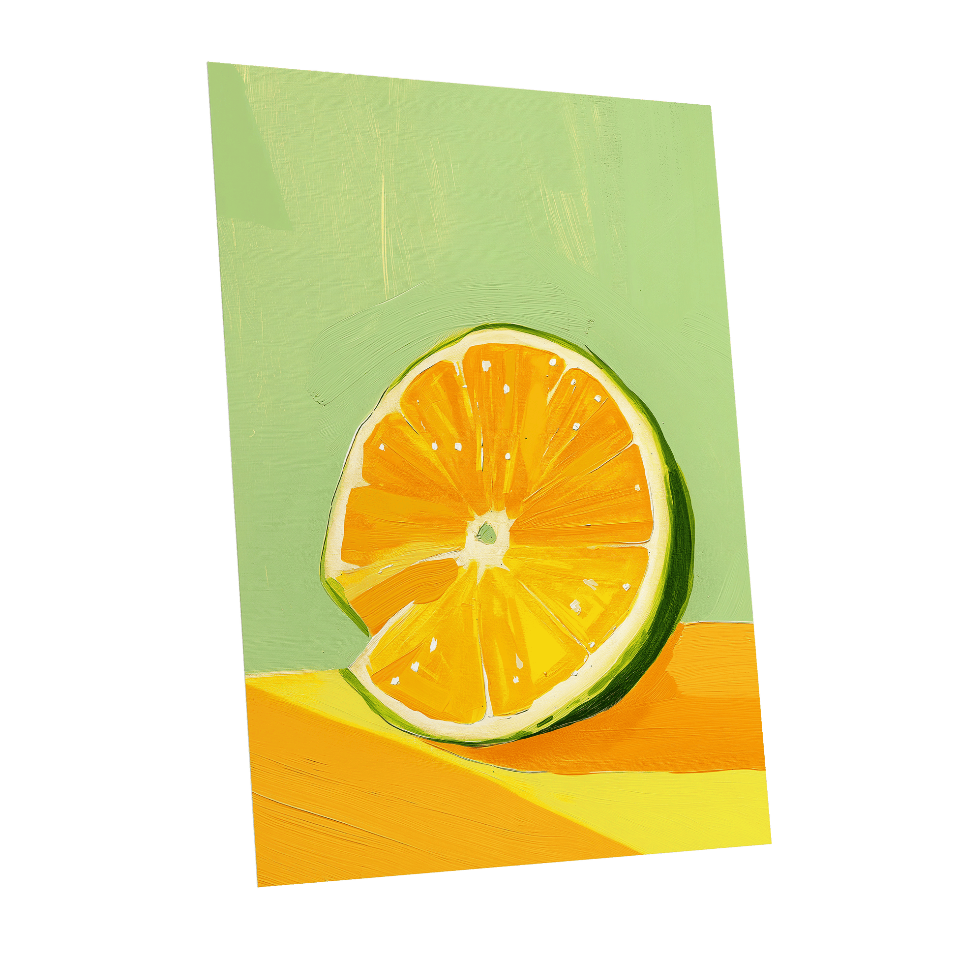 Citrus Sun, green, orange, yellow nature wall art shown as a unframed poster wall art print