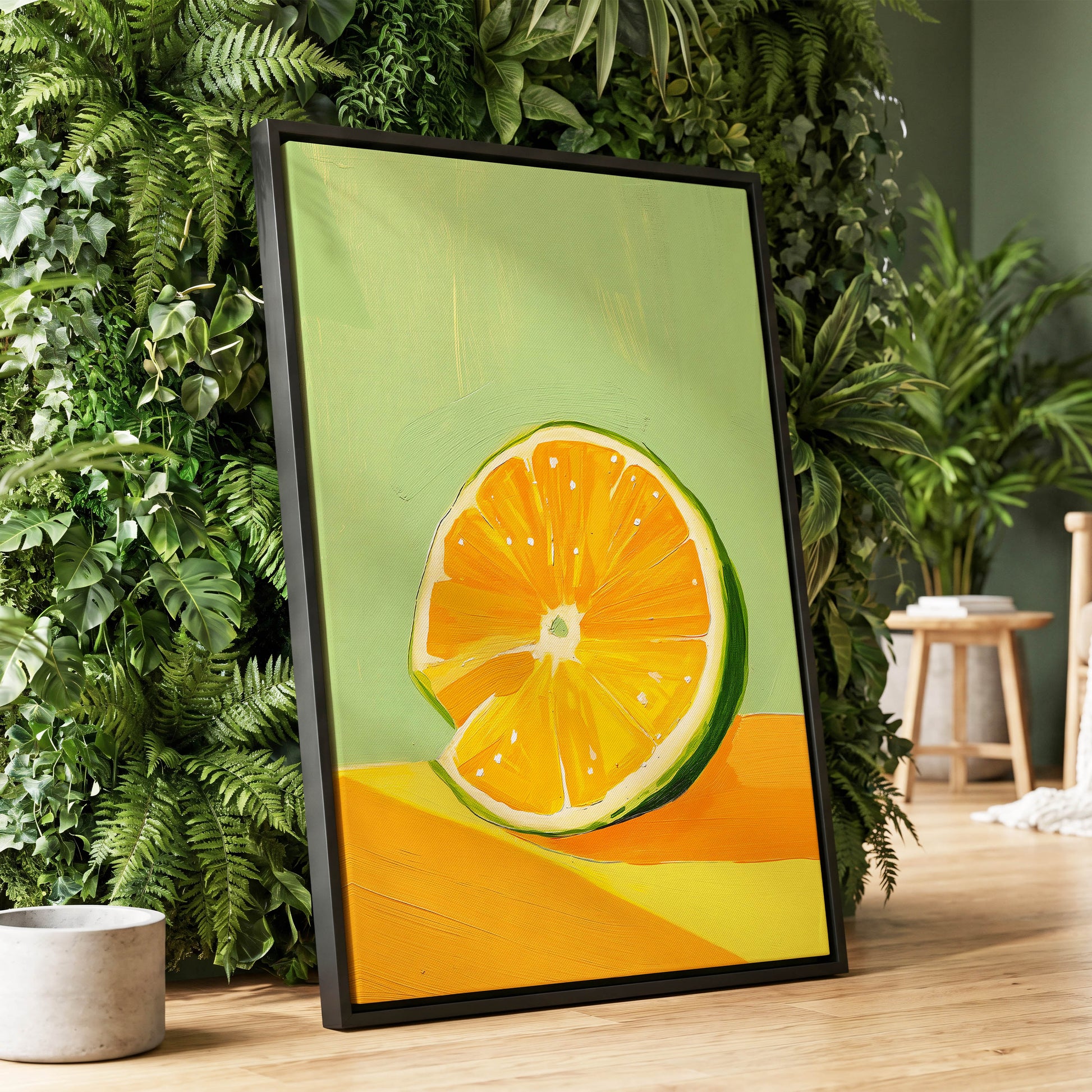 Citrus Sun, green, orange, yellow nature wall art displayed in a styled interior, gallery view 1